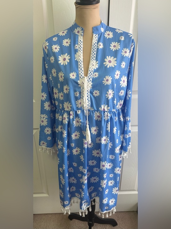 Dresses & Skirts - Blue Daisy Print Mini Dress with Tassel Tie